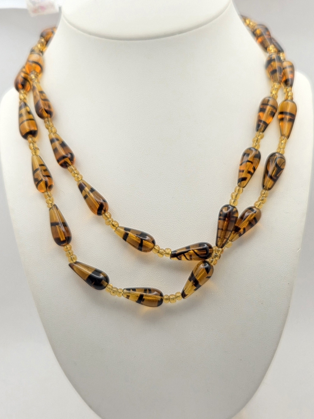 Vintage Amber Glass Teardrop Bead Flapper Necklace 35"
